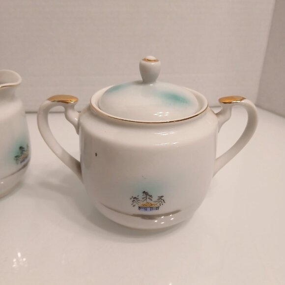Vintage Nippon Hand Painted China Double Handle Sugar Bowl With Lid & Creamer - Picture 7 of 13
